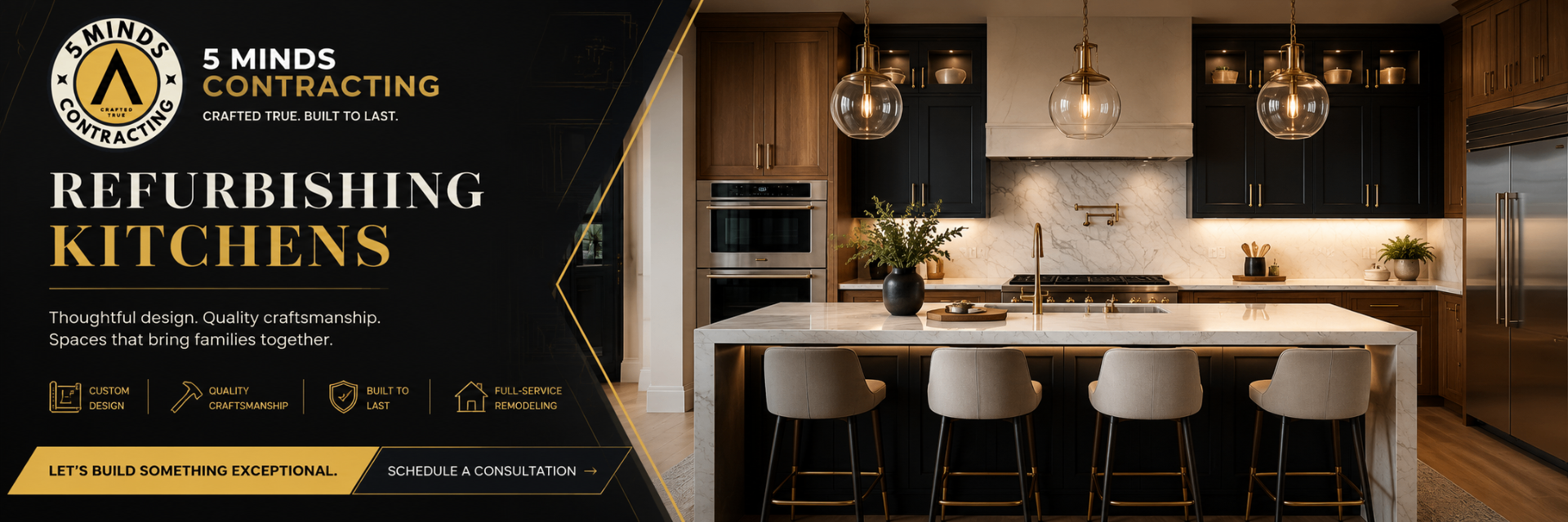 Refurbished kitchen with marble island, brass fixtures, and pendant lighting.