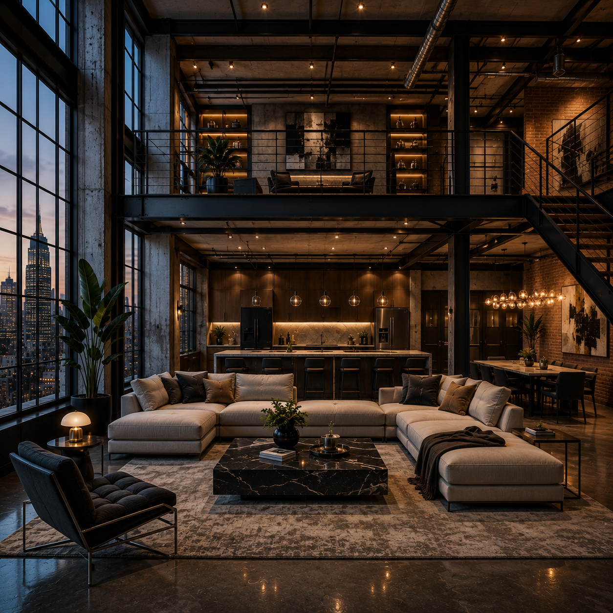 Warm contemporary living room with layered lighting and refined furnishings.