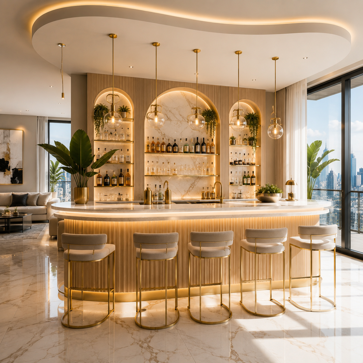 Bright contemporary bar with curved marble counter and gold accents.