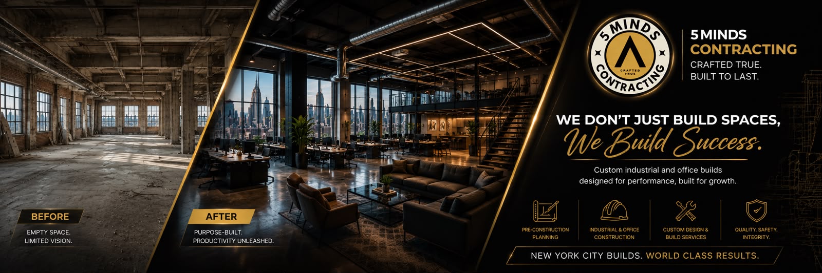 Empty warehouse floor transformed into a modern Manhattan office with skyline views.