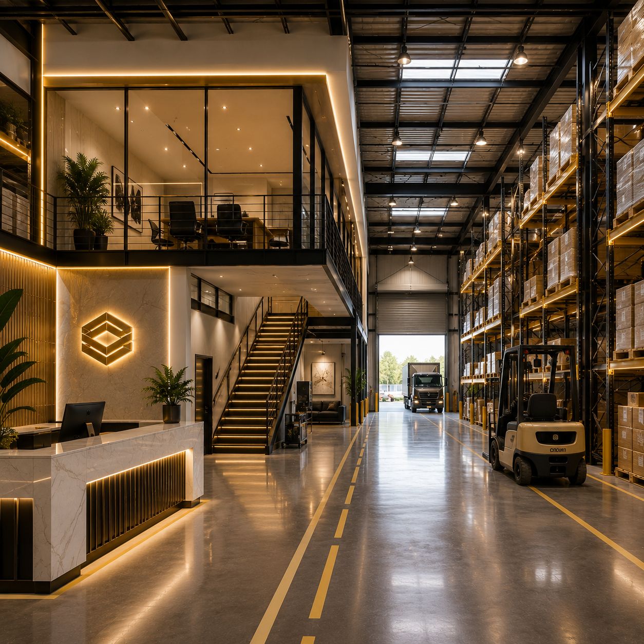 Modern commercial warehouse with integrated mezzanine office and clean logistics floor.