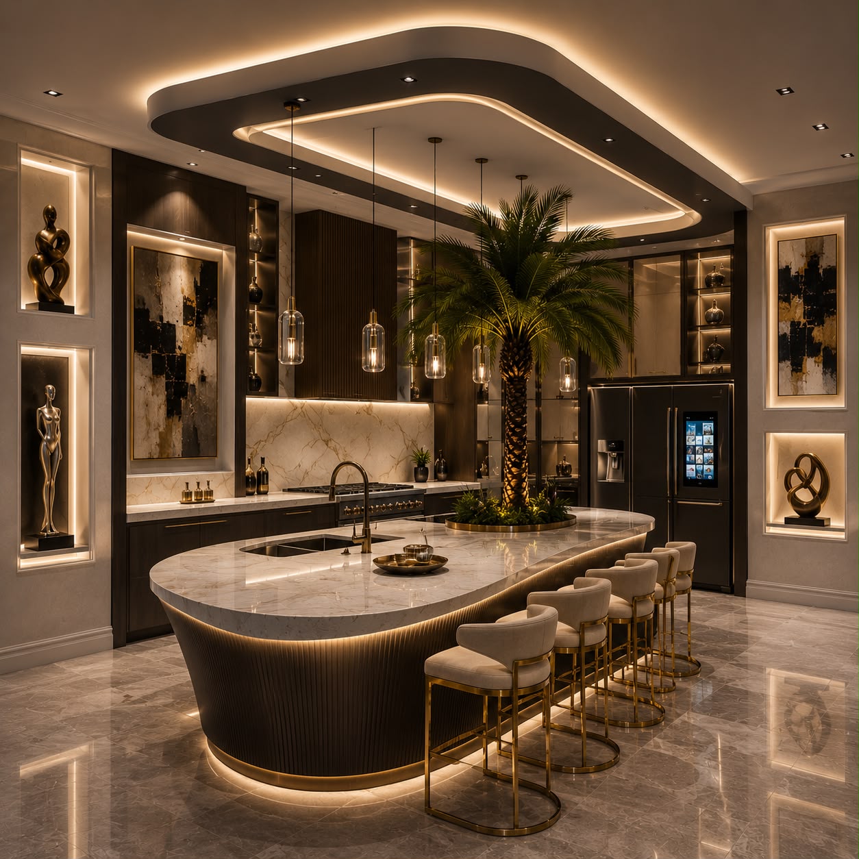 Sculptural kitchen with curved island, warm cabinetry, and integrated lighting.