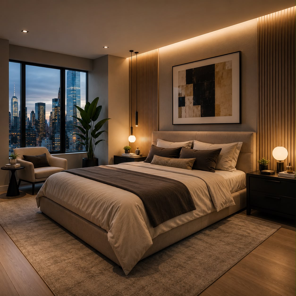 Warm modern bedroom with layered lighting, wood slats, and skyline view.